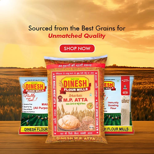 Dinesh Flour Mills packages with a field background and 'Shop Now' button