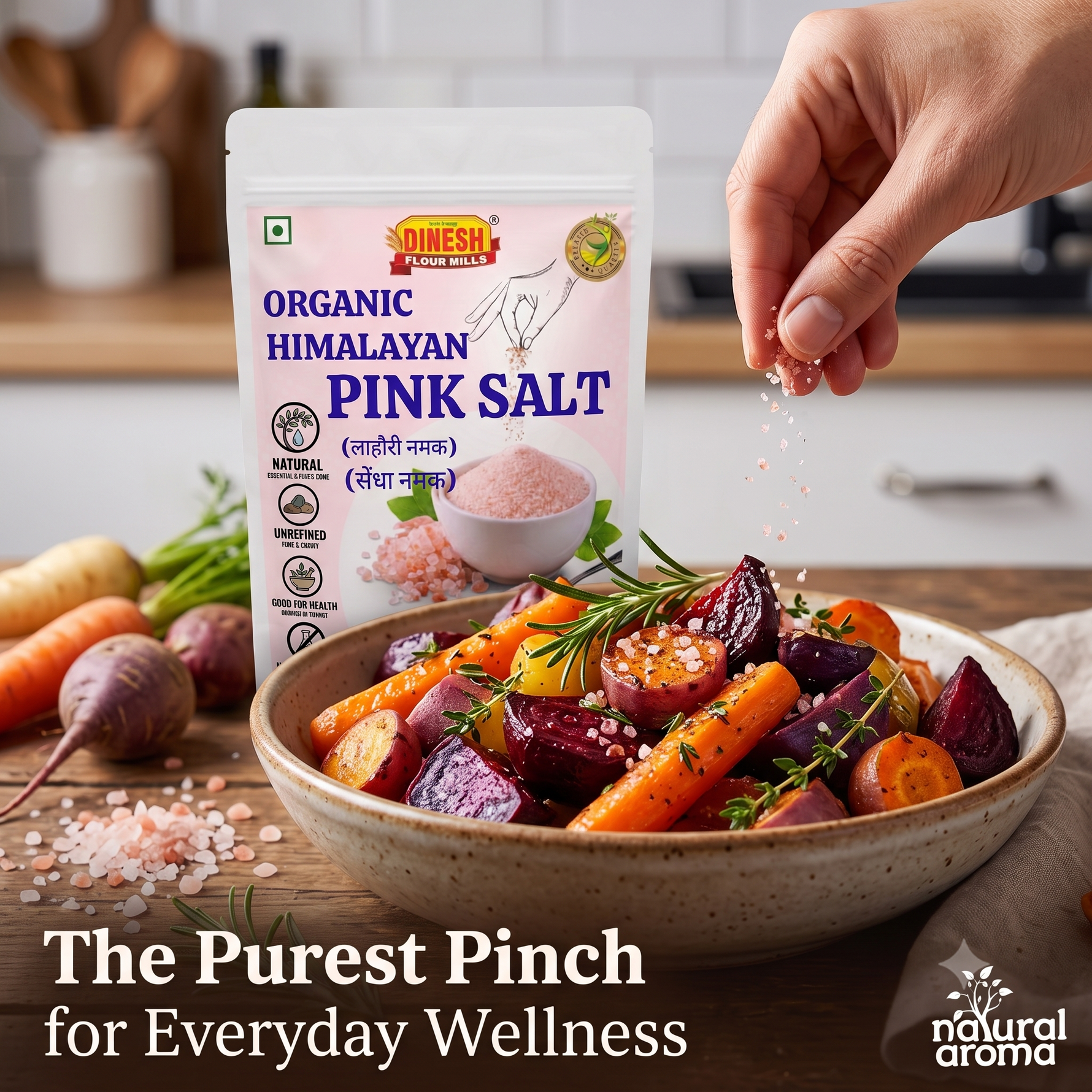 A stand-up pouch of Dinesh Your Mill Organic Himalayan Pink Salt is shown beside a ceramic bowl of roasted vegetables, with a hand sprinkling pink salt crystals over the food. The scene is set on a wooden table with carrots, beets, and other vegetables in a softly blurred kitchen background.