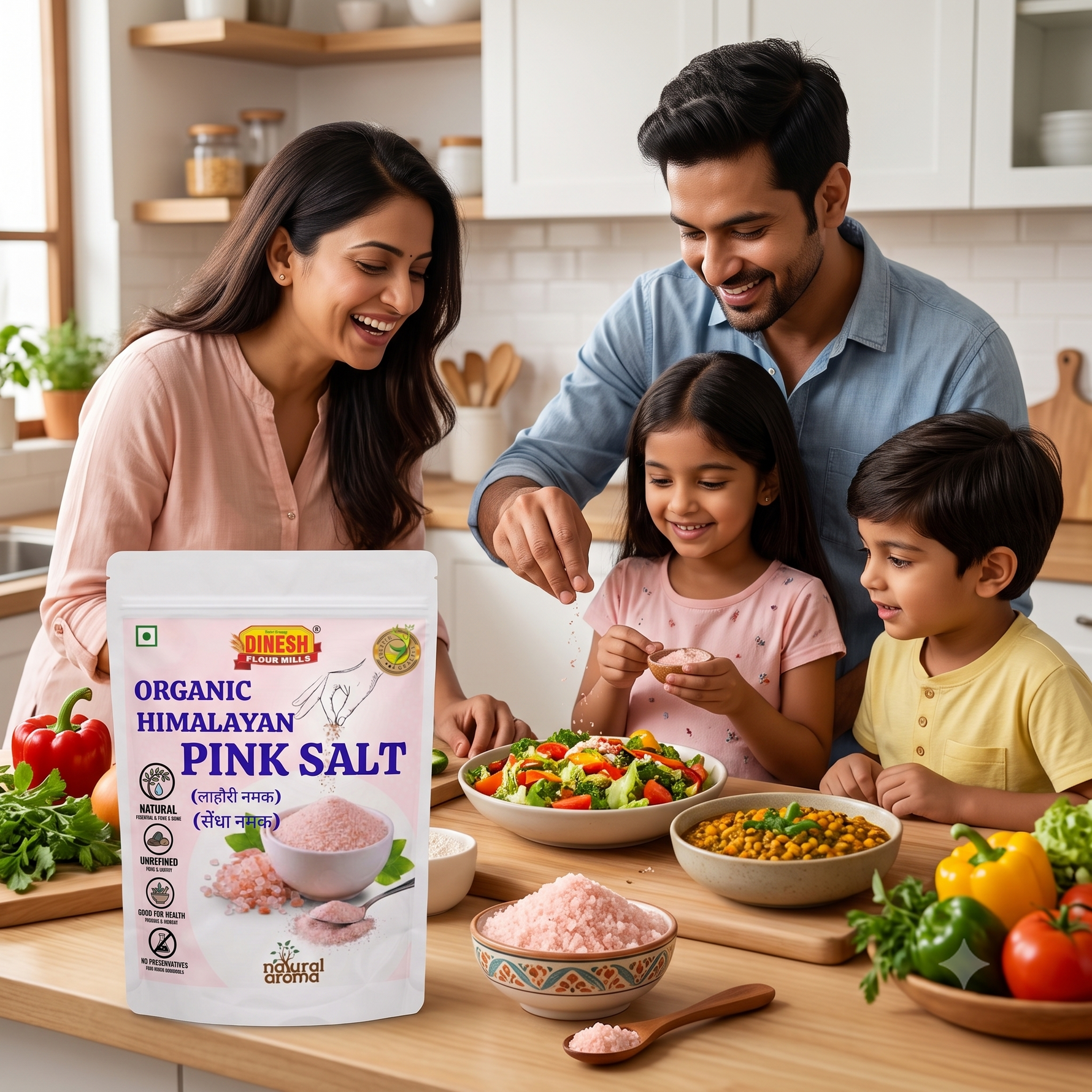 A family of four is gathered in a bright, modern kitchen, preparing a meal with bowls of food on a wooden table. In the foreground, a stand-up pouch of 'Organic Himalayan Pink Salt' by the brand 'Saffron' is prominently displayed.