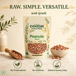 A stand-up pouch of Dinesh Flour Mills Raw Peanuts centered on a light beige surface, with peanuts in a small wooden scoop and a bowl beside it. The package has green and gold text and wheat illustrations, and the image includes the headline 'RAW.