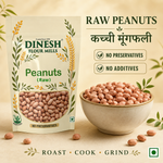 A stand-up pouch of Dinesh Flour Mills raw peanuts displayed next to a ceramic bowl filled with peanuts, with scattered peanuts on a beige surface. Text on the image highlights 'RAW PEANUTS', 'DINESH FLOUR MILLS', 'NO PRESERVATIVES', and 'NO ADDITIVES'.