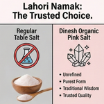 Comparison between regular table salt and Dinesh Organic Pink Salt with text and icons.