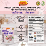 Dinesh Organic Himalayan Pink Salt packaging and product information graphic. The image shows a stand-up pouch of pink salt on the lower left, a large nutrition facts panel on the right, and a central diagram with icons and text describing natural, unrefined, no preservatives, and good for health qualities.