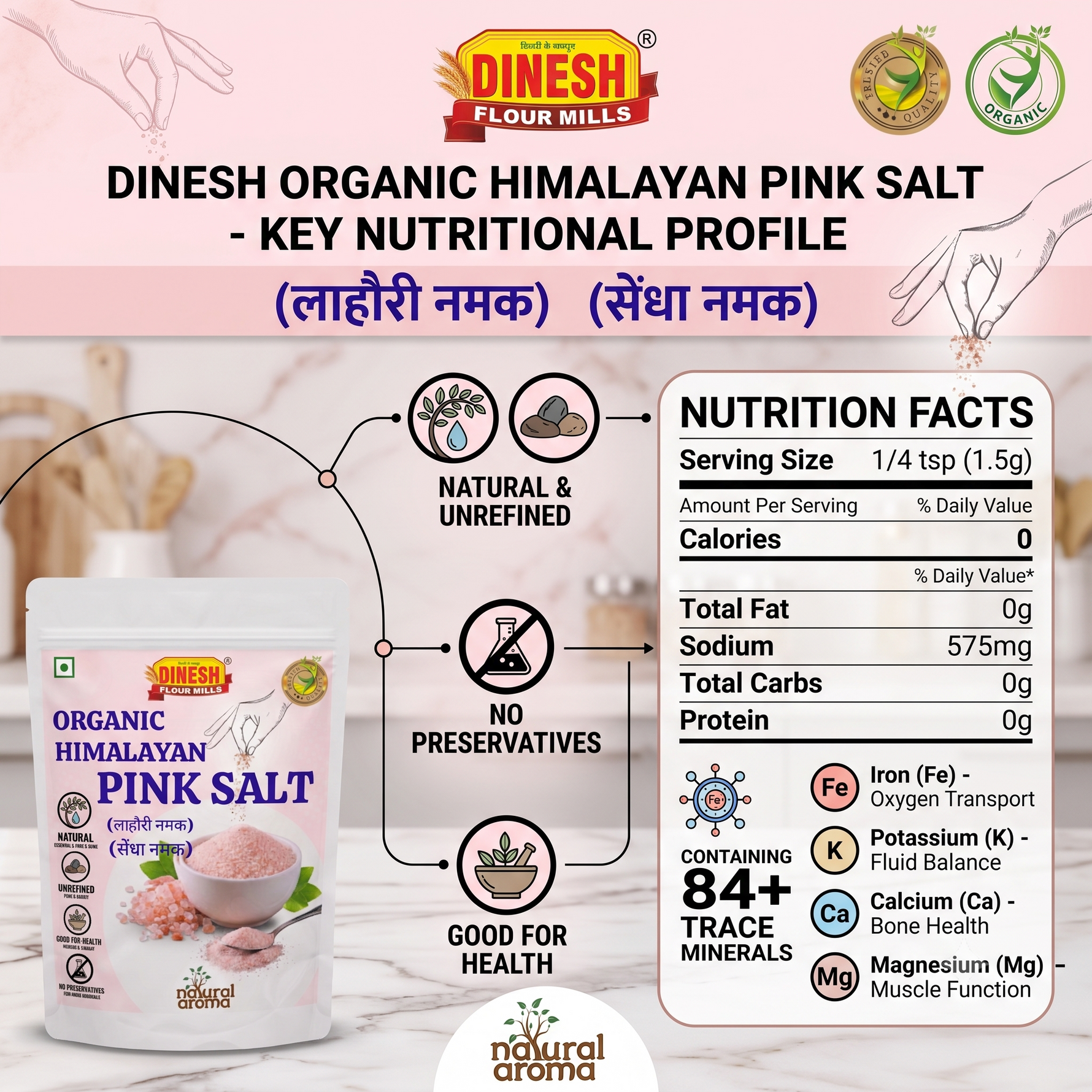 Dinesh Organic Himalayan Pink Salt packaging and product information graphic. The image shows a stand-up pouch of pink salt on the lower left, a large nutrition facts panel on the right, and a central diagram with icons and text describing natural, unrefined, no preservatives, and good for health qualities.